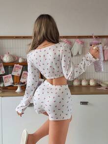 2pcs Women's All-Season Printed Fitted Long Sleeve Top + Shorts Pajama Set - White - View 5