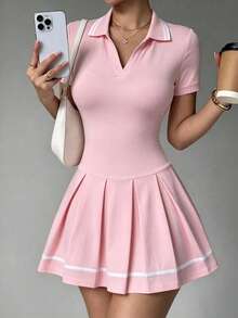 女款修身百褶 Polo 領連身裙，內建安全短褲與口袋，春夏運動風，粉紅色 - 粉色 - 查看 7