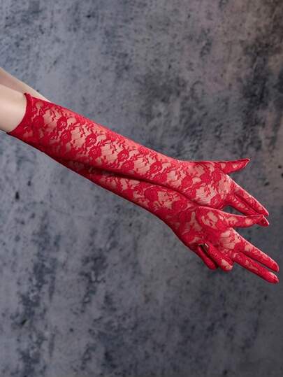 1 Pair Red Rose Lace Long Gloves, Sheer Floral Mesh, Vintage Aesthetic, Accessory For Dress Party, Photoshoot & Valentine's Day