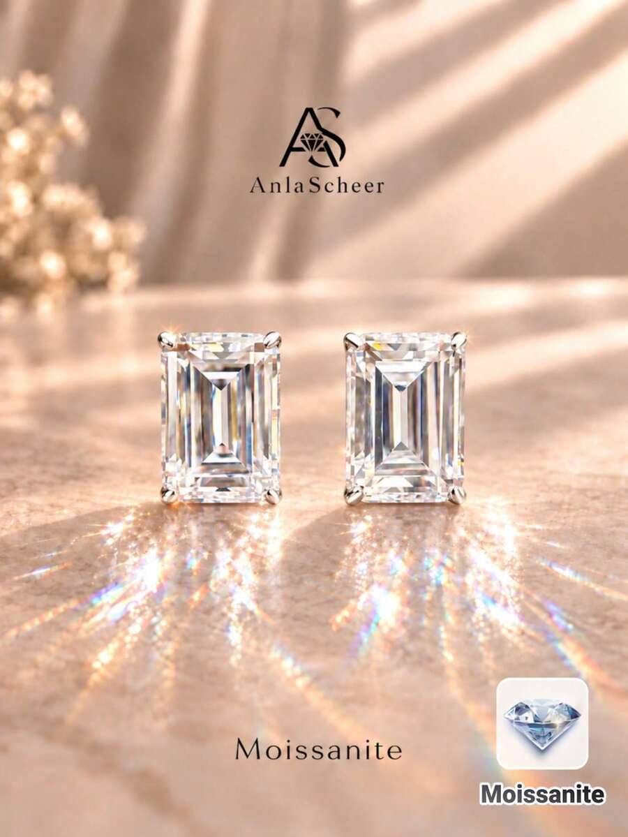 AnlaScheer 1對925純銀1CT D色不對稱莫桑石平貼耳釘耳環，女款珠寶，925純銀飾品，適合日常配戴與派對禮物