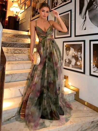 Vestido largo de gasa estampado para mujer, diseño de tirantes finos, cuello en V, diseño de espalda abierta, perfecto para fiestas, playa y vacaciones, boda de otoño