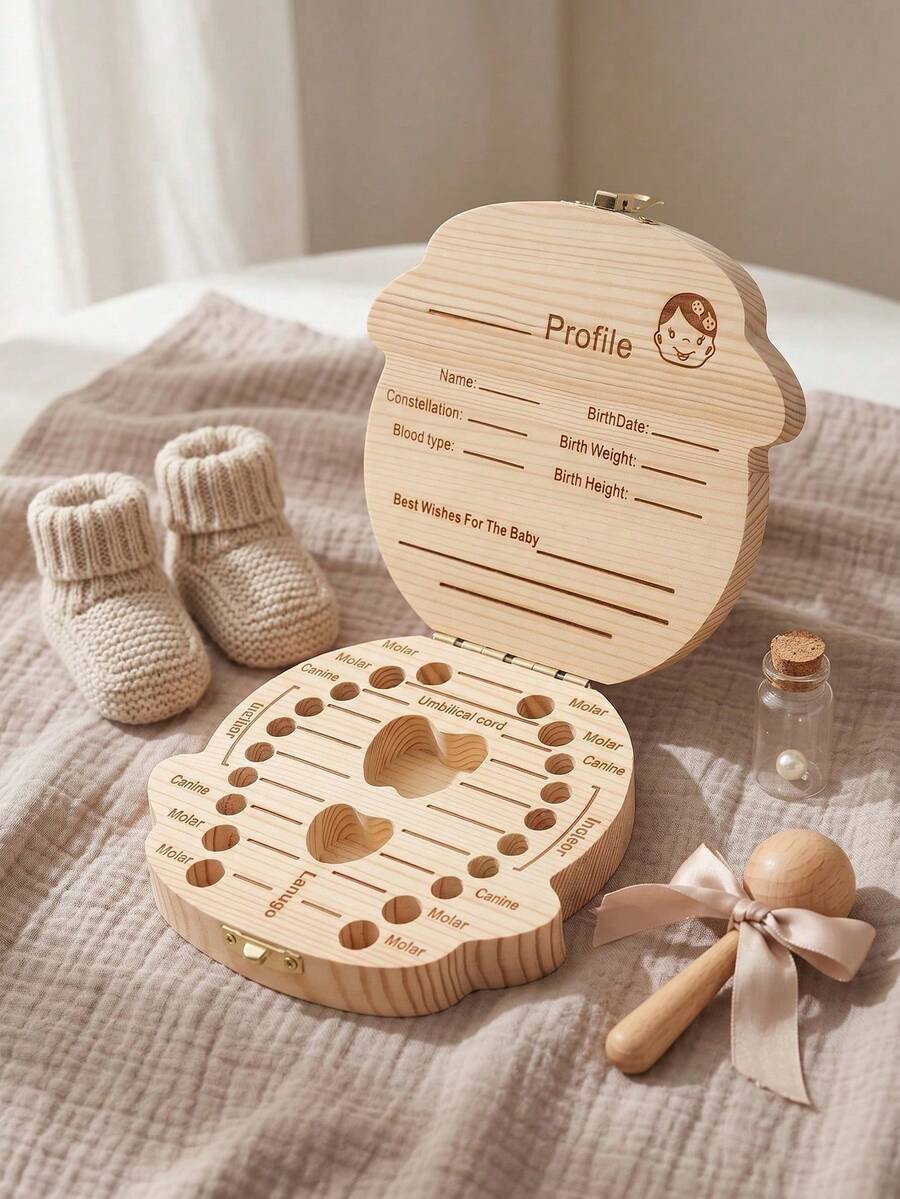 1/2pcs Wooden Tooth Keepsake Box, Natural Wood Tooth Storage Organizer, Decorative Engraved Memory Box For Collecting Teeth, Cute Carved Design - Multicolor - View 1