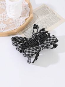 1件女款秋冬法式格紋蝴蝶結髮夾，黑白棋盤格布料大蝴蝶結髮夾，女用日常盤髮街頭髮飾 - 彩色 - 查看 5