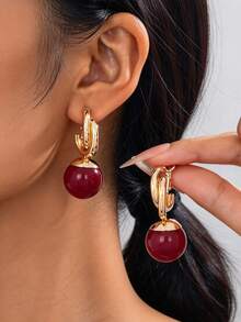 1 Pair Fashion Elegant Vintage Hong Kong Style Burgundy Ball Decor Earrings For Women - Burgundy - View 1