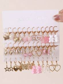 18 Pairs/Set Girls Earrings Set, Cute Bear Butterfly Heart Pendant Studs, Sweet Versatile Earrings For Daily Decoration - Multicolor - View 1