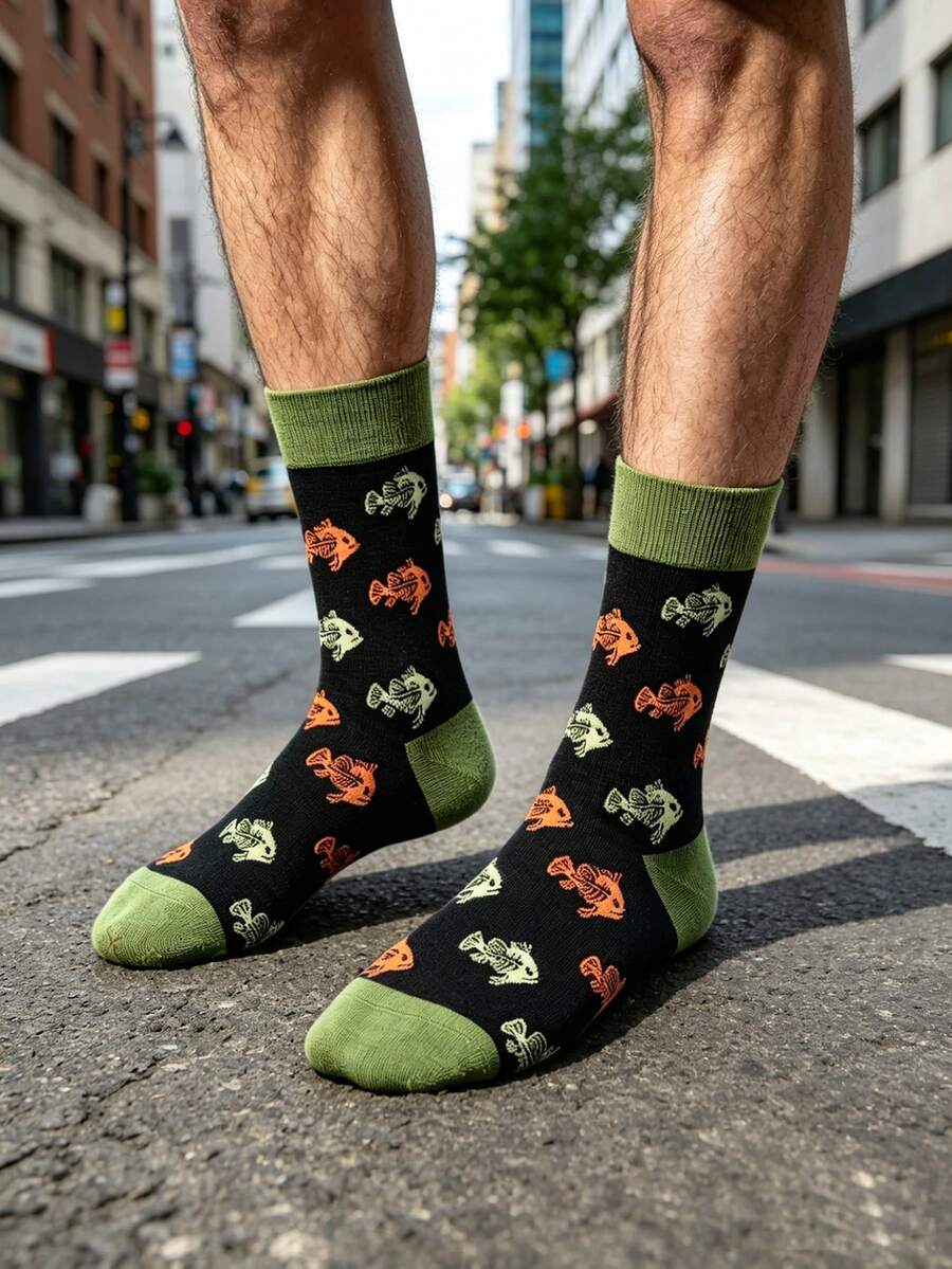 1 Pair/3 Pairs Men's Animal Graphic Mid-Calf Socks, 3 Pairs Fish Contrast Color Mid-Calf Socks, Retro Casual Knit Socks, Japanese Style Fish Print Mid-Calf Socks, Contrast Ribbed Cuff Commuter Streetwear Versatile Socks - Multicolor - View 1