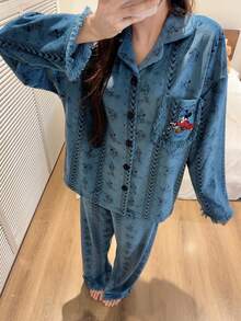 Gongdie 2pcs Disney Mickey Women's Fleece Pajama Set, Blue Plush Loungewear For Autumn/Winter, With Tassel Trim And Pockets - Blue - View 9