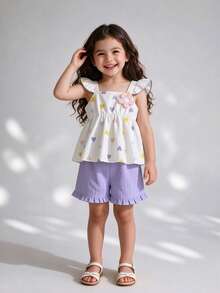 Young Girls Spring/Summer Heart & 3D Floral Print Puff Sleeve Top + Ruffle Hem Shorts 2-Piece Set - Purple - View 2