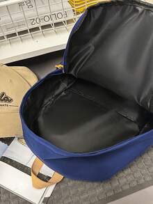 Unisex Backpack + Simple Solid Color School Rucksack + Large Capacity Multi Pocket + Student Daily Commute + Navy Blue With Yellow Contrast Handle - Multicolor - View 6