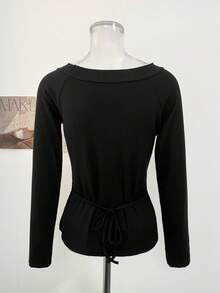Korean Style Casual Cold Shoulder Back Drawstring Tie Long Sleeve Slim Fit Top For Women, Autumn/Winter - Black - View 8