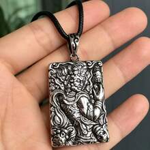 Hip Hop Vintage Distressed Embossed Square Pendant Acala Bodhisattva Portrait Amulet Men's Thai Silver Style Long Necklace Pendant Gift - Antique Silver - View 6