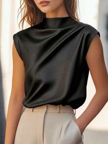 Women's Elegant Solid Satin Blouse, Suitable For Dates And Office Black Summer - Black - View 5