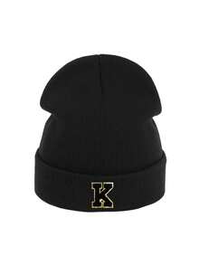 Women's Black Ribbed Cuff Knit Hat (With A-Z Gold Letters), Soft Knit Fabric, Versatile Warm Windproof Winter Knit Hat - Black - View 8