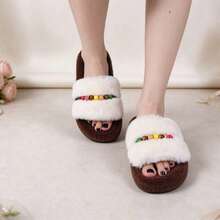 Women's Plush Open Toe Slide Slippers, Colorful Beaded Decor Wide Strap, Thick Platform Sole Warm Fuzzy Home Beach Slippers - Multicolor - View 7