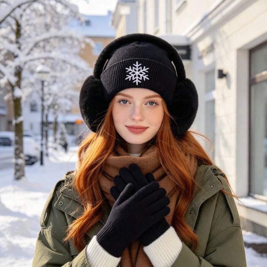 MLFO 3pcs Knit Beanie, Ear Muffs & Gloves Set, Exquisite Snowflake Embroidery Comfortable Accessories, Suitable For Shopping, Dating, Winter Party, Autumn/Winter Women's Daily Outfit, Holiday Birthday Gift - Snowflake - View 1
