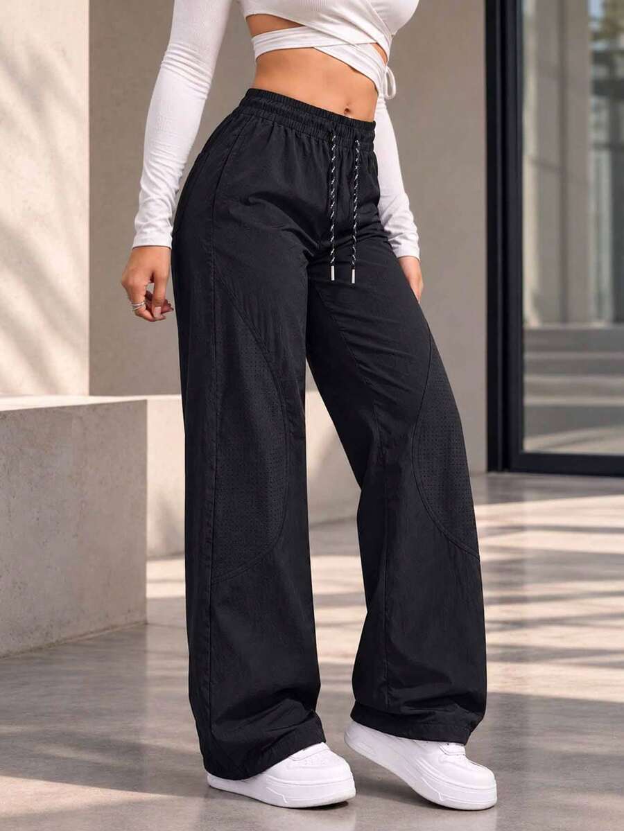 Women's Black Straight Leg Active Pants With Drawstring Waist, Side Pockets And Breathable Panels For Yoga And Training - Black - View 1