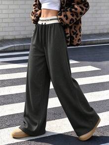 Women's Plus Size Straight Leg Casual Pants, Fashion Patchwork Contrast Color Double Waistband, Loose Fit Drawstring Knit Pants, Suitable For Streetwear - Black - View 1