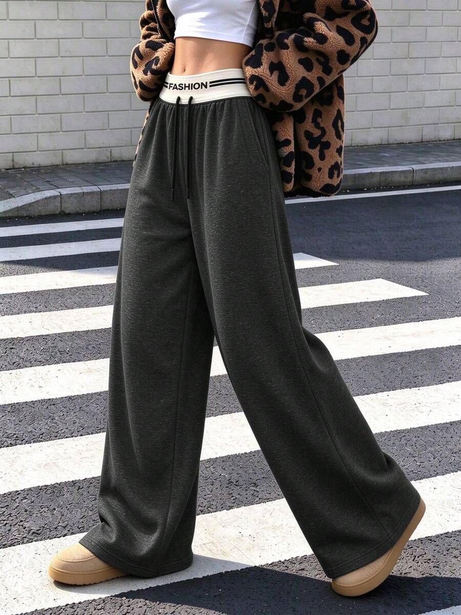 Women's Plus Size Straight Leg Casual Pants, Fashion Patchwork Contrast Color Double Waistband, Loose Fit Drawstring Knit Pants, Suitable For Streetwear - Black - View 1