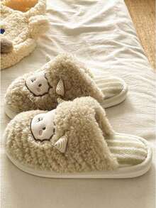 Cute Little Sheep Fuzzy Slippers With Thermal Lining, Warm Home Couple Slippers, Closed Toe, Comfortable Soft Plush Winter Slippers - Khaki - View 3