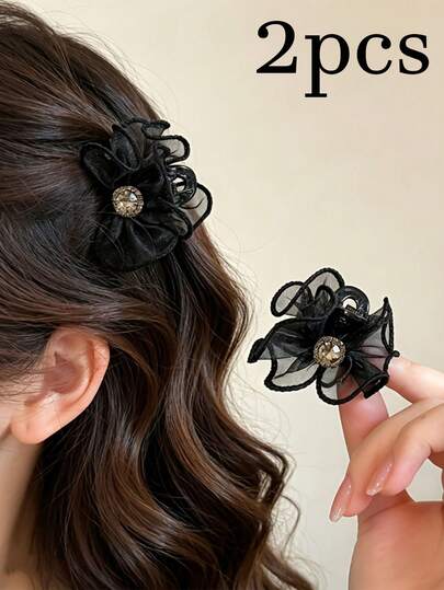 2pcs New Mesh Ruffled Flower Bud Hair Clips, Stylish And Versatile Side Clips, Bang Clips, Light Luxury Sweet Fashion Hair Accessories