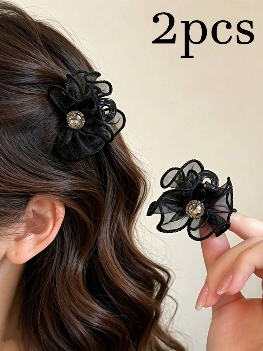 2pcs New Mesh Ruffle Flower Bud Hair Clips, Fashionable Versatile Side Clips, Bangs Clips, Luxury Sweet Style Hair Accessories