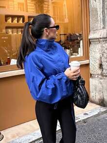 Jaket Pendek Wanita Musim Gugur Kerah Tegak Kancing Depan, Hem Tali Serut, Lengan Panjang Berkerut, Pakaian Luar Kasual Warna Polos - Biru - View 5