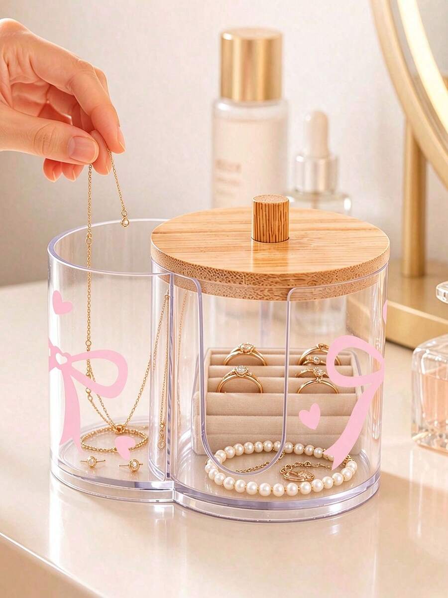 2 Grid Jewelry Storage Box Print With Cute Bow ,Desktop Cosmetic Container With Double Round Holes,Multifunctional Storage For Bathroom Vanity - Multicolor - View 1