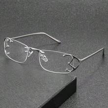 1 Pair Unisex Metal Rimless Hollow Square Y2K Fashion Non-Prescription Glasses, Designer Style, Suitable For Fashion Outfits, Party Gatherings, Computer Work, Daily Decorative Wear - Clear - View 2