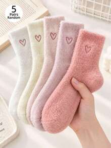 Women's Thick Warm Wool Lined Socks, 5 Pairs/Pack, Suitable For Spring, Autumn And Winter, Cute Style, Available In Solid Color And Heart Pattern, Made Of Mink Fur Material, Suitable For Pregnant Women; Simple Solid Color And Calf Socks (Randomly Shipped). - Multicolor - View 1