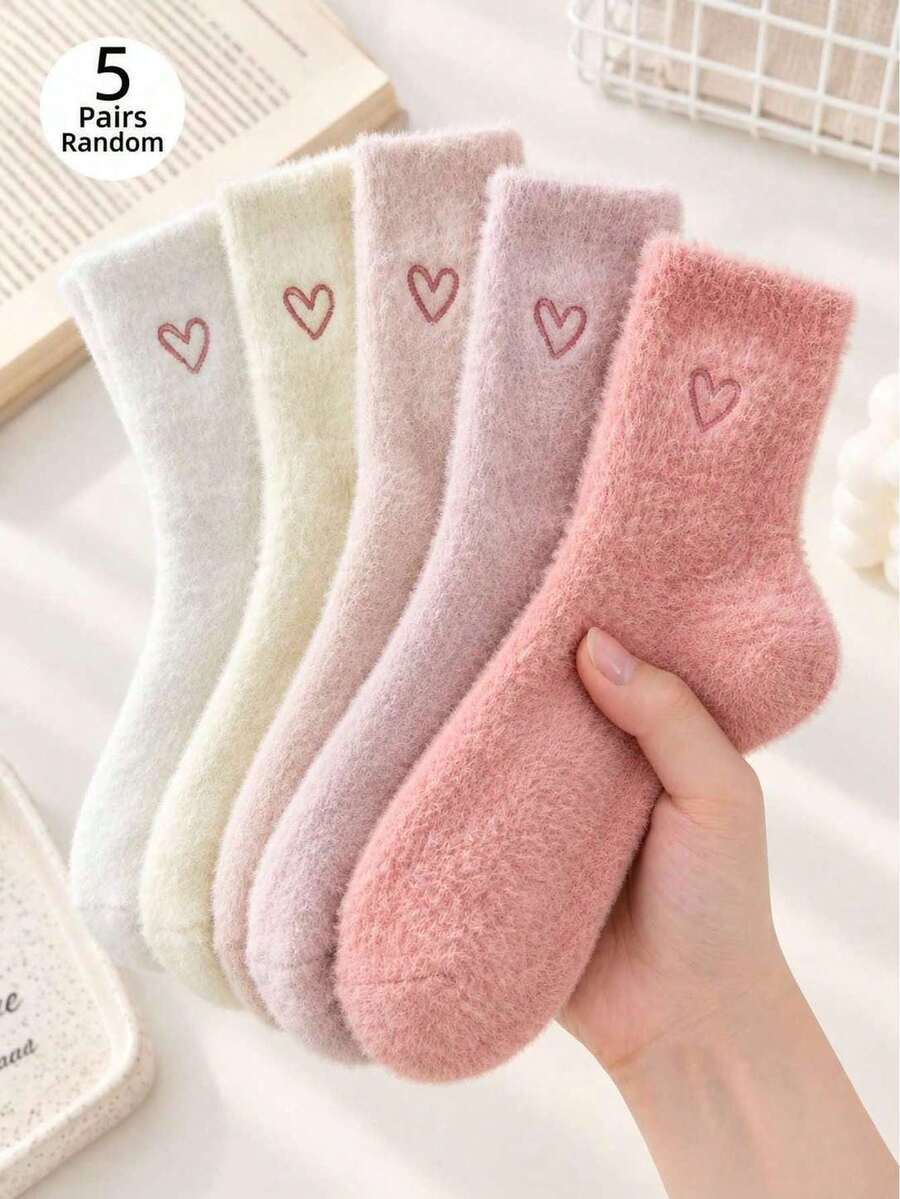 Women's Thick Warm Wool Lined Socks, 5 Pairs/Pack, Suitable For Spring, Autumn And Winter, Cute Style, Available In Solid Color And Heart Pattern, Made Of Mink Fur Material, Suitable For Pregnant Women; Simple Solid Color And Calf Socks (Randomly Shipped). - Multicolor - View 1