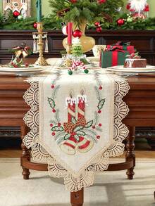 ABEST6522 Home&Living store 100% Polyester Vintage Christmas Linen Table Mat Set, With Candle And Bell Embroidery, Four-Sided Fan-Shaped Hollow Lace Trim, Holiday Decoration Placemats, Suitable For Christmas Dinner, Bridal Shower, Banquet, Kitchen Decor - Multicolor - View 19