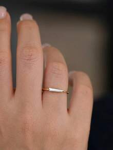 1pc 18K Gold Plated Single Rectangular Zirconia Bezel Set Ring, Minimalist Stackable Ring, Gift For Women And Girls For Daily Wear, Party And Holiday - Yellow Gold - View 10