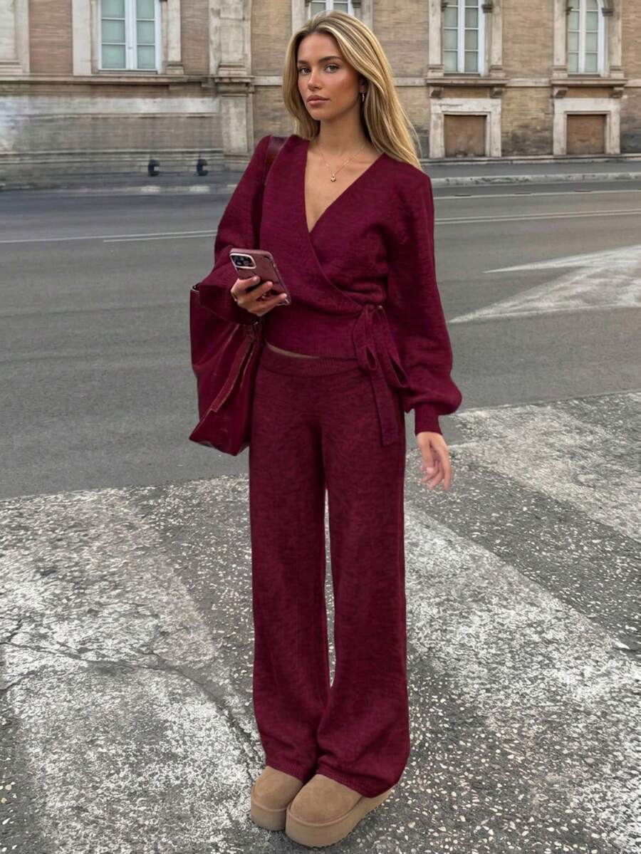 Women's Fashion Casual Sweater + Mid-Waist Pants 2pcs Set - Wine Red - View 1