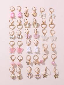 18 Pairs/Set Girls Earrings Set, Cute Bear Butterfly Heart Pendant Studs, Sweet Versatile Earrings For Daily Decoration - Multicolor - View 2