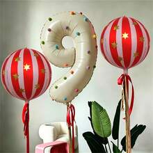 32 Inch Number Balloon Set 0-9, Cream Number Foil Balloon Kit With Red & White Striped 4D Round Balloons Printed With Golden Stars, Includes Ribbon, Dot Stickers And Glue Dots, Photo Backdrop Decor Prop For Birthday Party & Anniversary - Multicolor - View 3