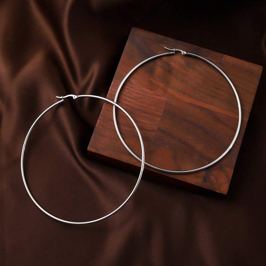 Stainless Steel Exaggerated Large Smooth Hoop Earrings, Minimalist Party Earrings, Suitable For Women To Wear, Can Be DIY Jewelry Accessory Earrings - Silver - View 1