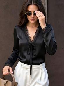 Polyester Lace Patchwork Knotted Pullover Cover Up, Office Daily Home Wear, Autumn/Winter - Black - View 5