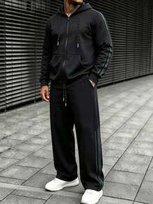 Men's Autumn/Winter Thermal Lined Hooded Sweatshirt & Loose Street Casual Sweatpants 2 Pieces Set - Black - View 2