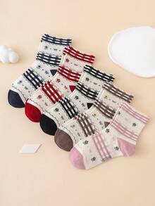 5 Pairs Striped Plaid Floral Bow Pattern Fun Personalized Kids Mid-Calf Socks - Multicolor - View 1