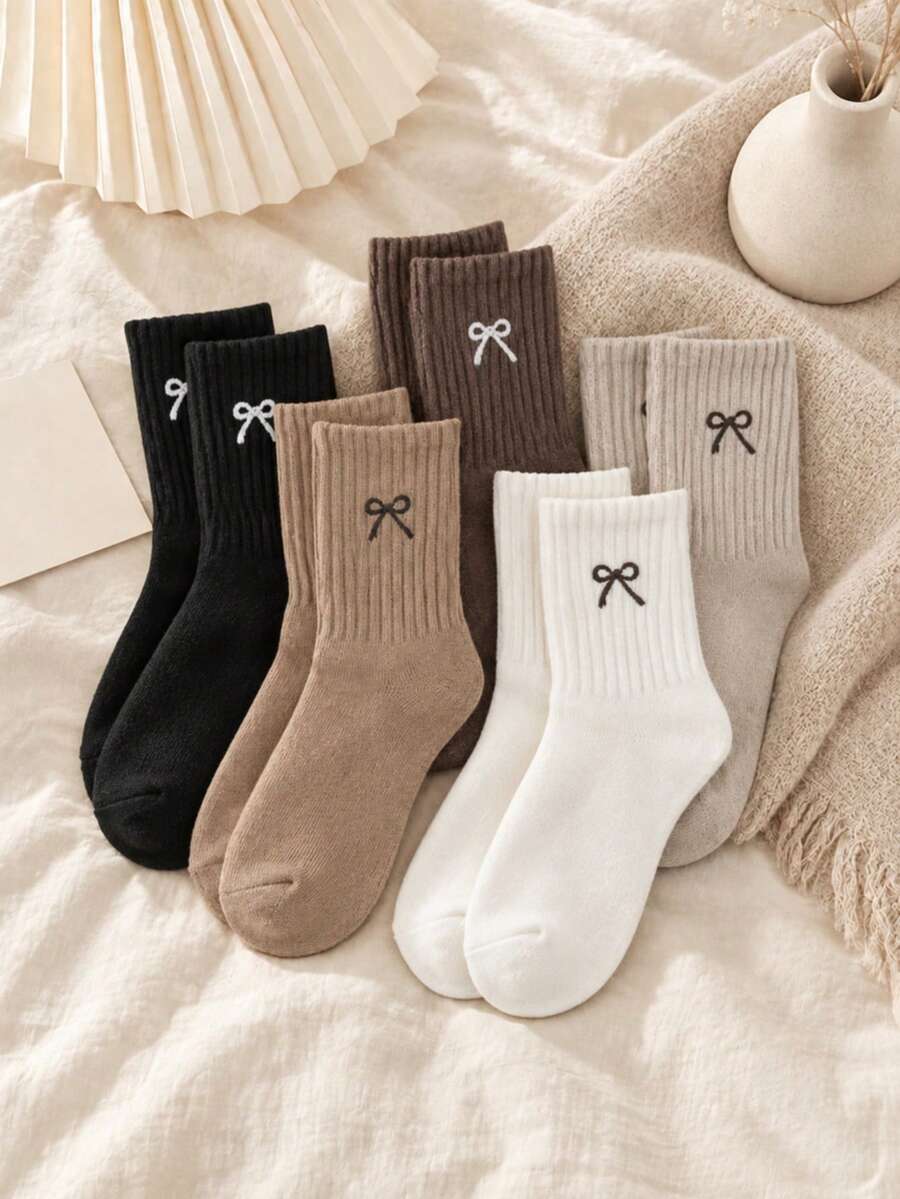 12/6 Pairs Kids Random Heart Bow Solid Color Maillard Tone Mid-Calf ...