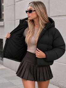 Women's Winter Hooded Puffer Jacket, Warm Padded Coat With Zipper Pockets - Black - View 3