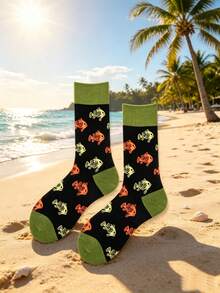 1 Pair/3 Pairs Men's Animal Graphic Mid-Calf Socks, 3 Pairs Fish Contrast Color Mid-Calf Socks, Retro Casual Knit Socks, Japanese Style Fish Print Mid-Calf Socks, Contrast Ribbed Cuff Commuter Streetwear Versatile Socks - Multicolor - View 4