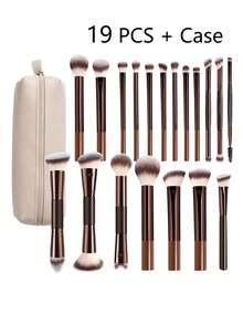 19 PCS Double-Ended Makeup Brush Set With Bag Professional Foundation Powder Concealers Eyeshadow Blush Soft Bristles - Brown - View 12