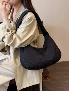 2026冬季女款韓系時尚絎縫刺繡腋下包 泡泡棉質感時尚單肩包 - 黑色 - 查看 6