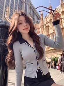 2026 French Lace Trim V-Neck Knitted Top, Black Vertical Stripe Pearl Button Cinched Waist Ruffle Hem Bell Sleeve Slimming Long Sleeve Base Layer - Grey - View 3
