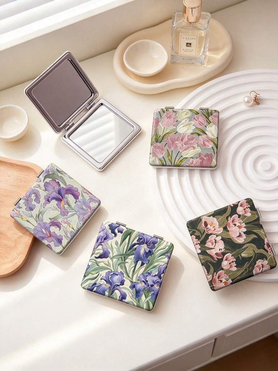 1PC British Country Style Portable Folding Compact Mirror, Ultra-Thin Lightweight Durable PU Leather, Suitable For Various Occasions, Travel, Party, Office, School, Suitable For All Ages - Multicolor - View 1