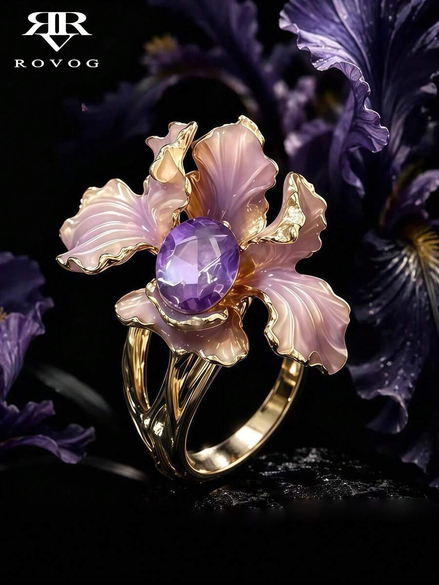 1pc Fashion Dreamy Lavender Glass Iris Flower Ring, Suitable For Women's Ball, Festival, Holiday Wear - Yellow Gold - View 1