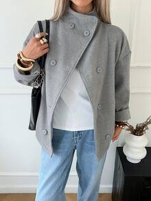 Business Casual Grey Wool Short Jacket | Women's Double-Breasted High Collar Blazer | 2026 Autumn/Winter Office Commute | Holiday Vacation Outfit - Grey - View 2