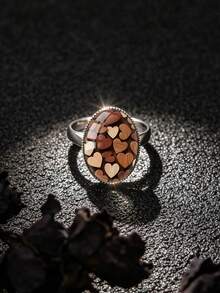 YUJUGLOW 1PC Valentine's Day Romantic Heart Pattern 316 Stainless Steel Oval Open Adjustable Ring, Suitable For Women's Daily Wear - Brown - View 6