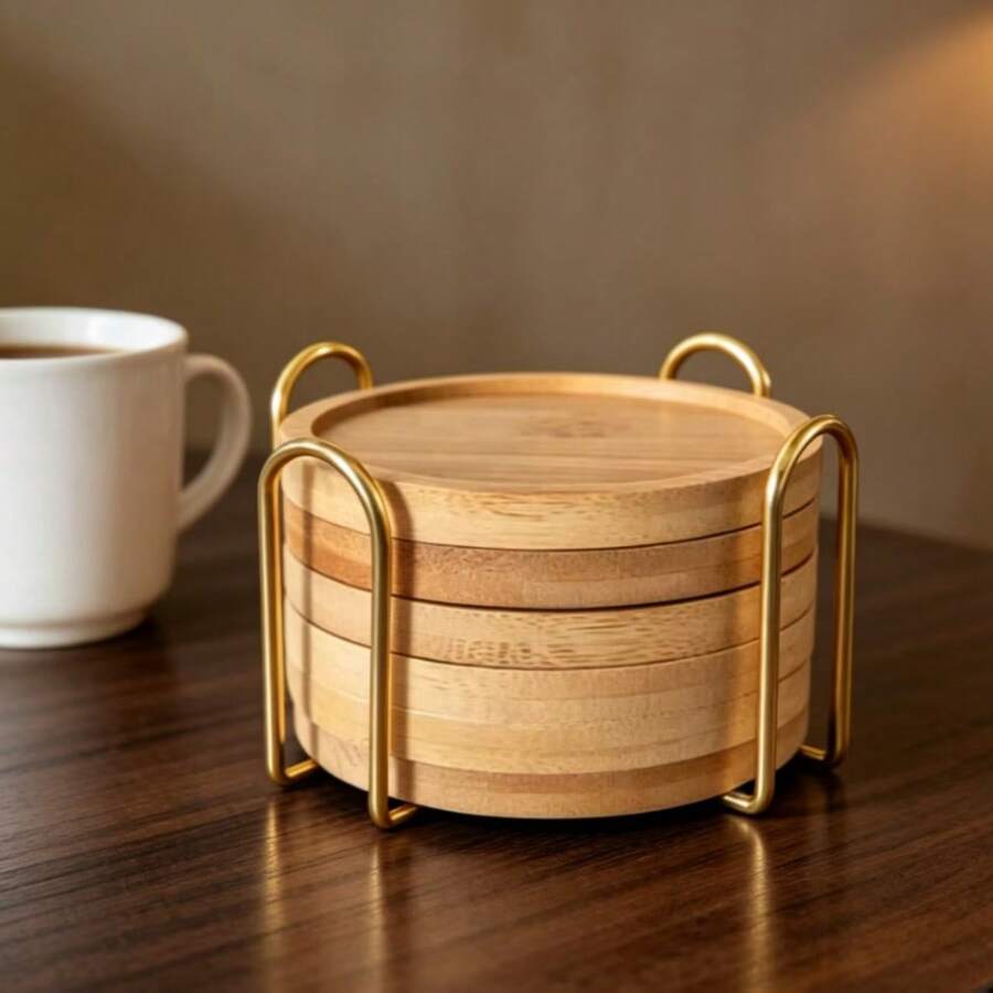 6pcs Bamboo Coaster Set With Holder - Natural Wooden Coasters, Waterproof & Heat Resistant, Suitable For Home/Bar/Kitchen Decor - Wood Color - View 1